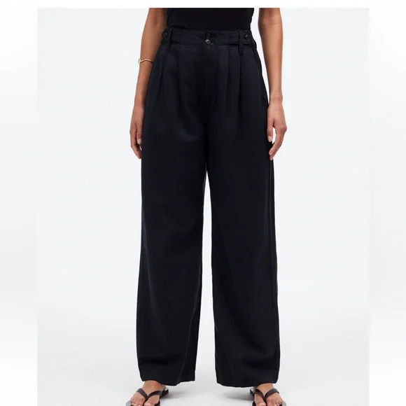 Madewell The Harlow High Rise Wide-Leg Linen-Blend Trouser Pant in True Black - Picture 3 of 9